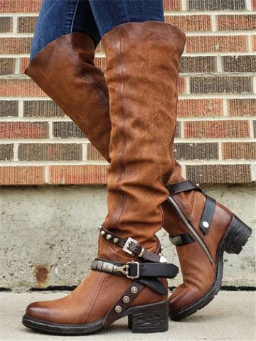 Vintage Studded Buckles Knee High Boots