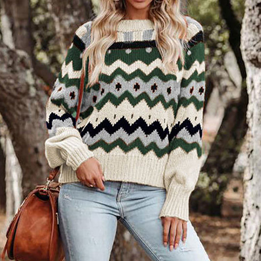 Vintage Crew Neck Argyle Jacquard Sweater