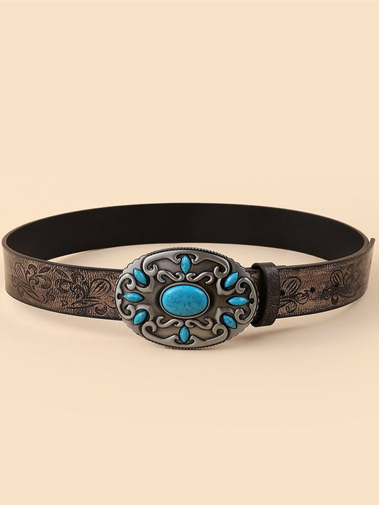 Wisherryy Western Turquoise Studded Vintage Carved Belt