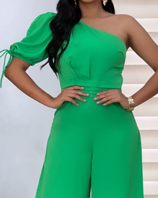 Casual Solid Color One-sleeved Jumpsuit