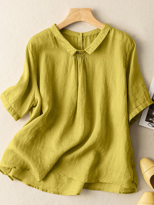 Women Solid Loose Short Sleeve Lapel Casual Blouse