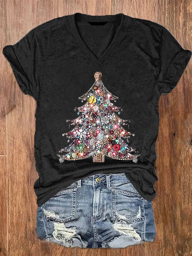 Women's Shiny Christmas Tree Graphic Casual V-Neck Tee