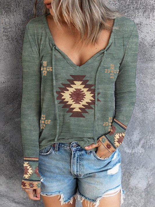 Western Ethnic Print Casual Long Sleeve T-Shirt