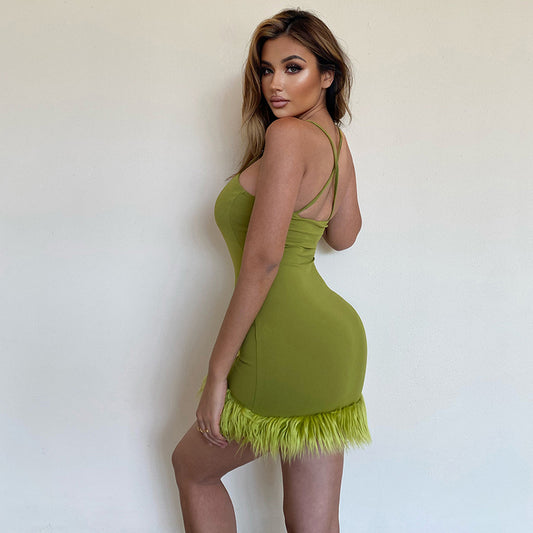 Olive Furry Hem Bodycon Mini Dress