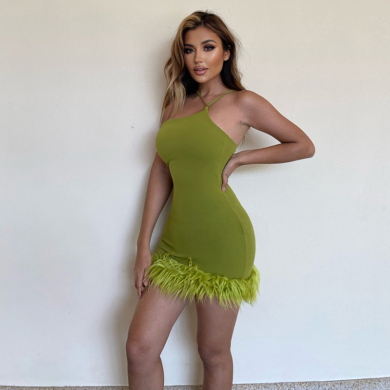 Olive Furry Hem Bodycon Mini Dress