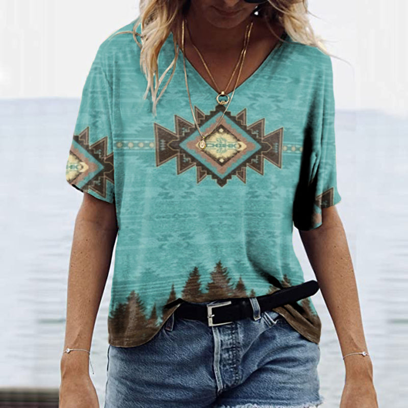 Western Print V-Neck Casual T-Shirt