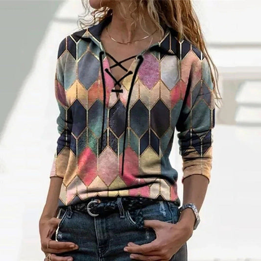 Loose Printed Long-Sleeved Tie V-Neck T-Shirt