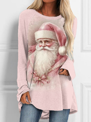 Women's Pink Santa Claus Print Christmas Casual Long Sleeve T-Shirt