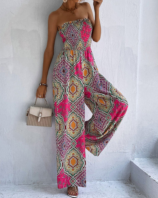 Printed Casual One-shoulder Jumpsuit