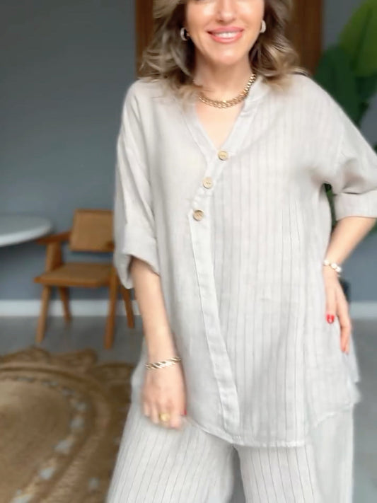 Women's Casual Striped Cotton Linen Set