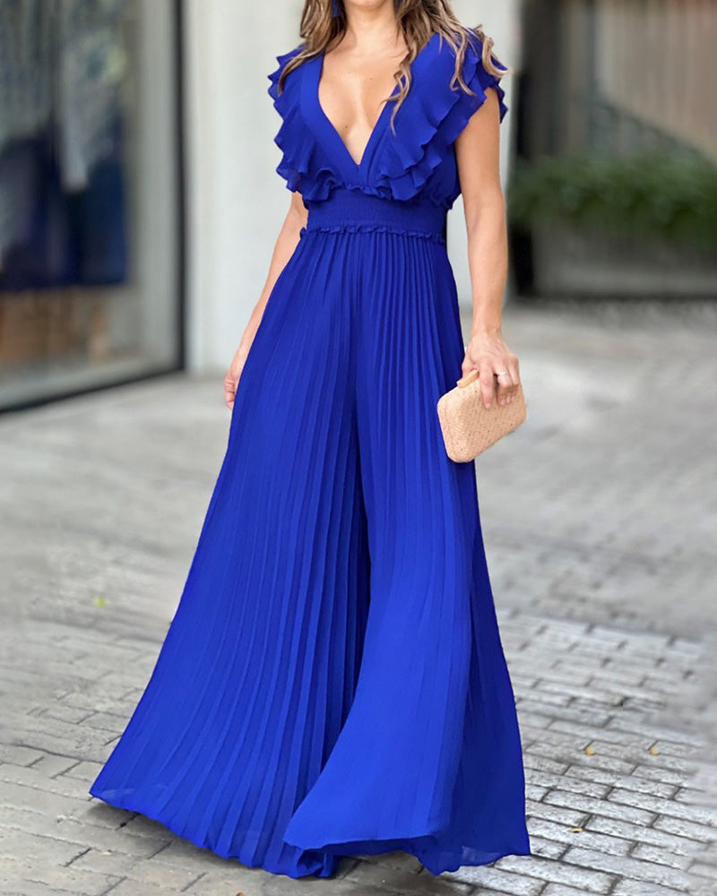 V-Neck Ruffle Sleeve Solid Pleated Jumpsuit