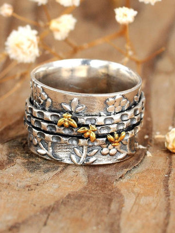 Wisherryy Vintage Floral & Bees Carving Ring