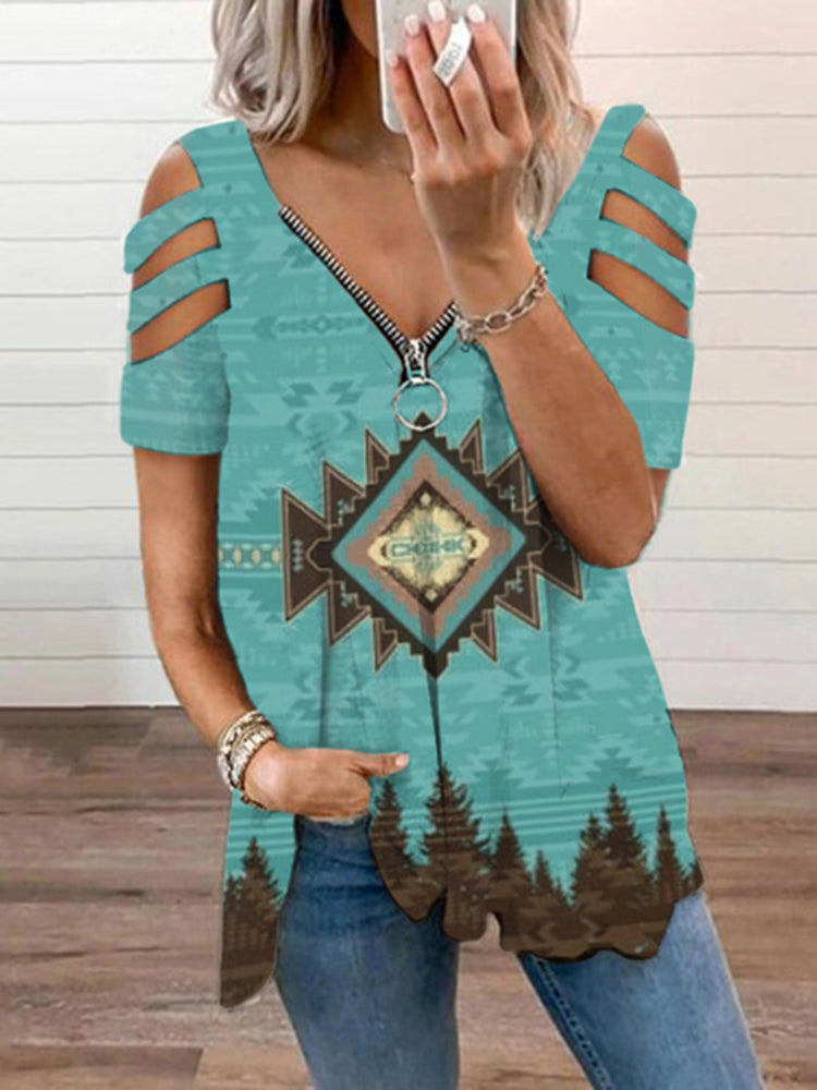 Western Print Off Shoulder Casual T-Shirt