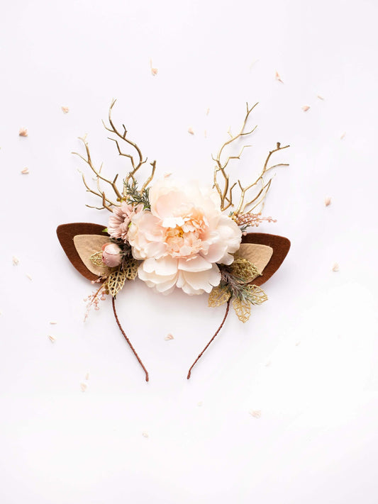 Christmas Reindeer Headband- Garden Blush & Golden Leaves