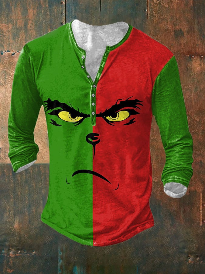 Men's Green Christmas Casual V-Neck Long-Sleeved T-Shirt