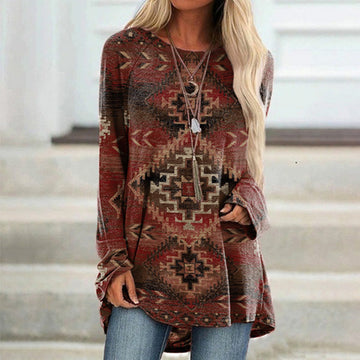 Vintage Western Print Crew Neck Tunic