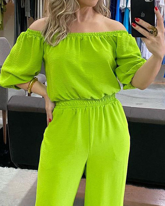 Solid Off-the-shoulder Short-sleeve Jumpsuit