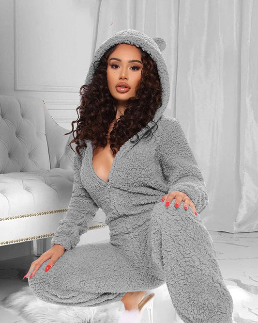 Plush Ear Hooded Home Service Jumpsuit