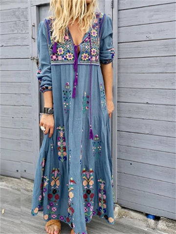 Wisherryy Boho Ethnic Floral Tassel Drawstring Maxi Dress