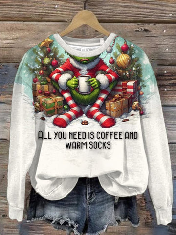 Women's All You Need Is Coffee And Warm Socks Christmas Printed Round Neck Sweatshirt