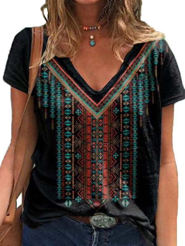 Wisherryy Ethnic Print V-Neck Bat Short-Sleeved T-Shirt