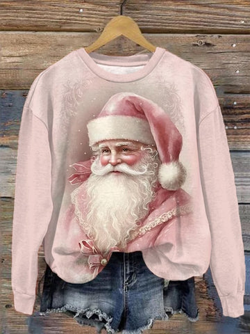 Women's Pink Santa Claus Print Christmas Casual Sweatshirt