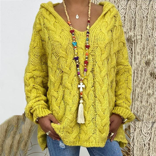 Pure Color Twist Knit Hooded Sweater