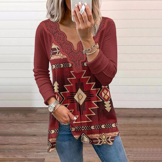 Wisherryy Ethnic Print Casual Long-Sleeved T-Shirt