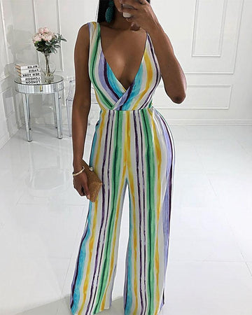 Casual Striped Stitching Color Printed Jumpsuit