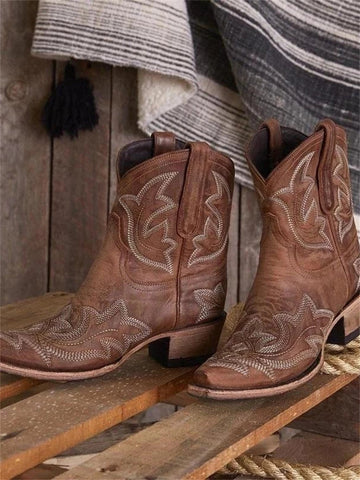 Wisherryy Vintage Embroidered Western Cowgirl Ankle Boots