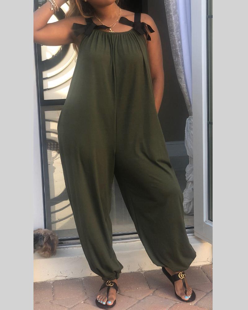 Bow Tie Solid Color Jumpsuit