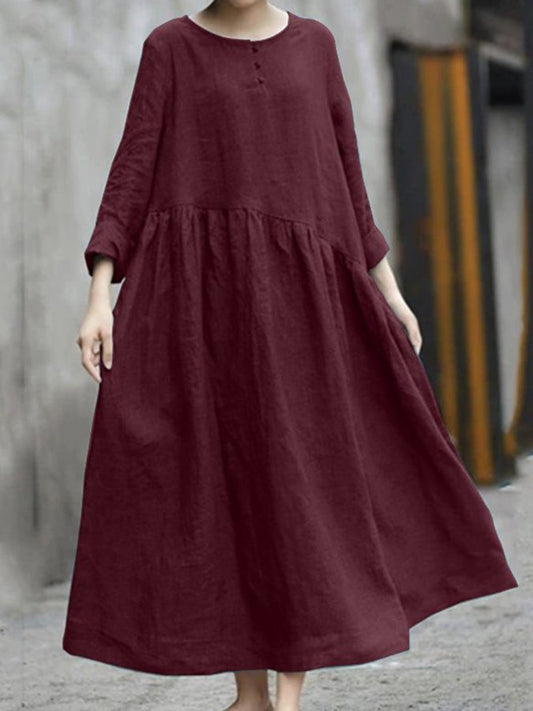 Ladies Cotton Linen Irregular Piece Round Neck Pocket Long Sleeve Dress