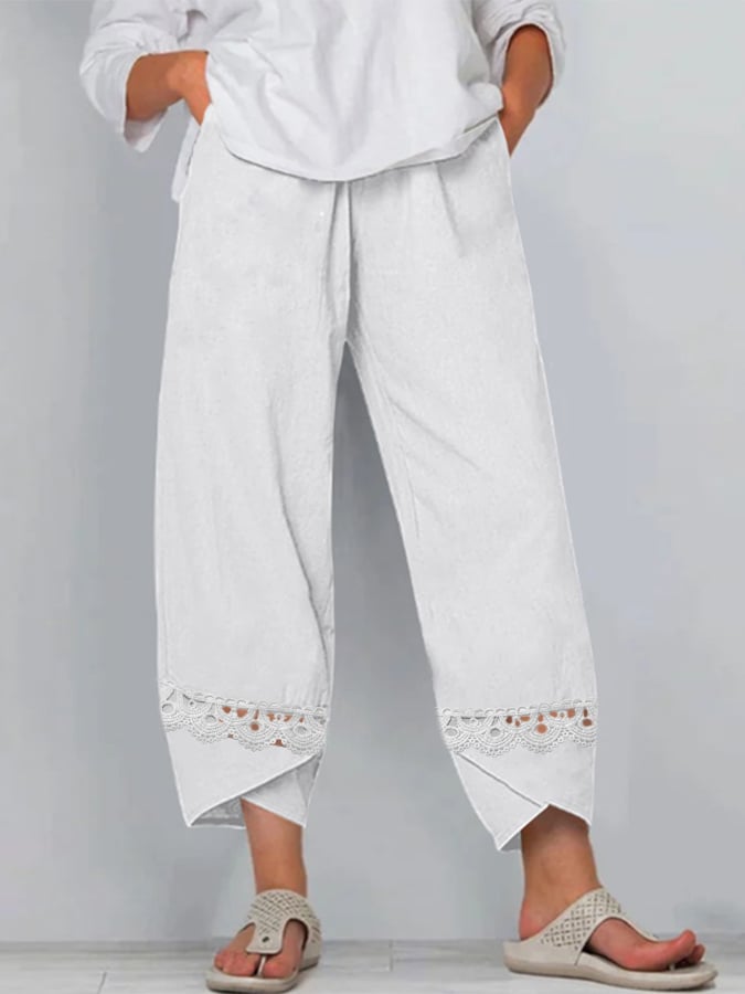 Women's Casual Lace Hollow Cotton And Hemp Trousers