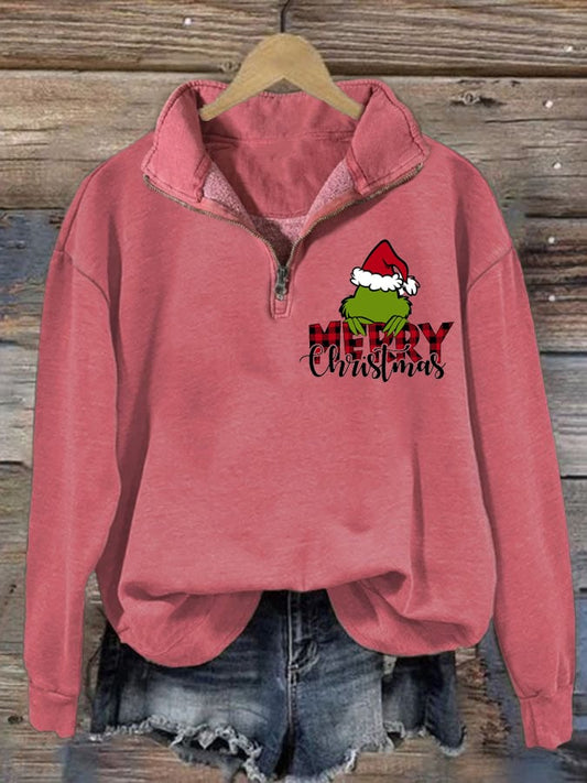 Women's Christmas Print Zip Casual Sweatshirt