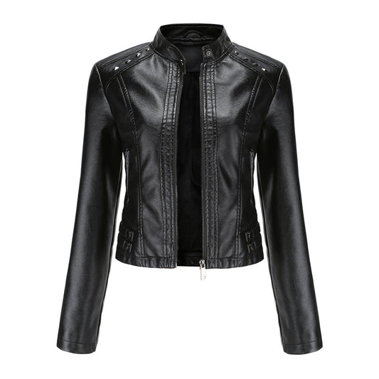 Cropped riveted leather motorcycle jacket