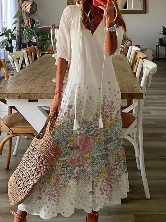 Women&#039;S Long Sleeve Ruffle Print Long Dress