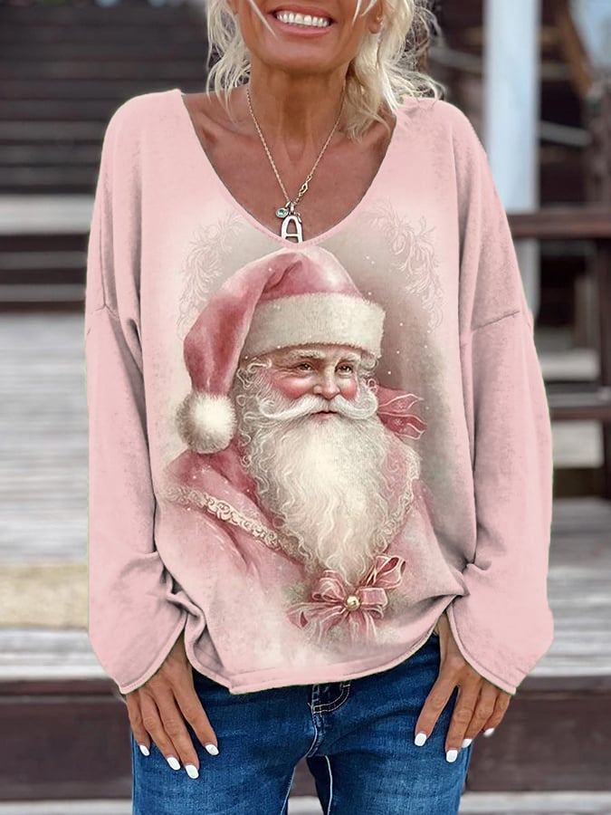 Women's Pink Santa Claus Print Christmas Casual Long Sleeve T-Shirt