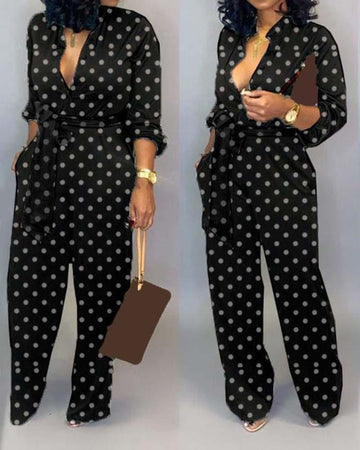 Polka Dot Print Long Sleeve Jumpsuit