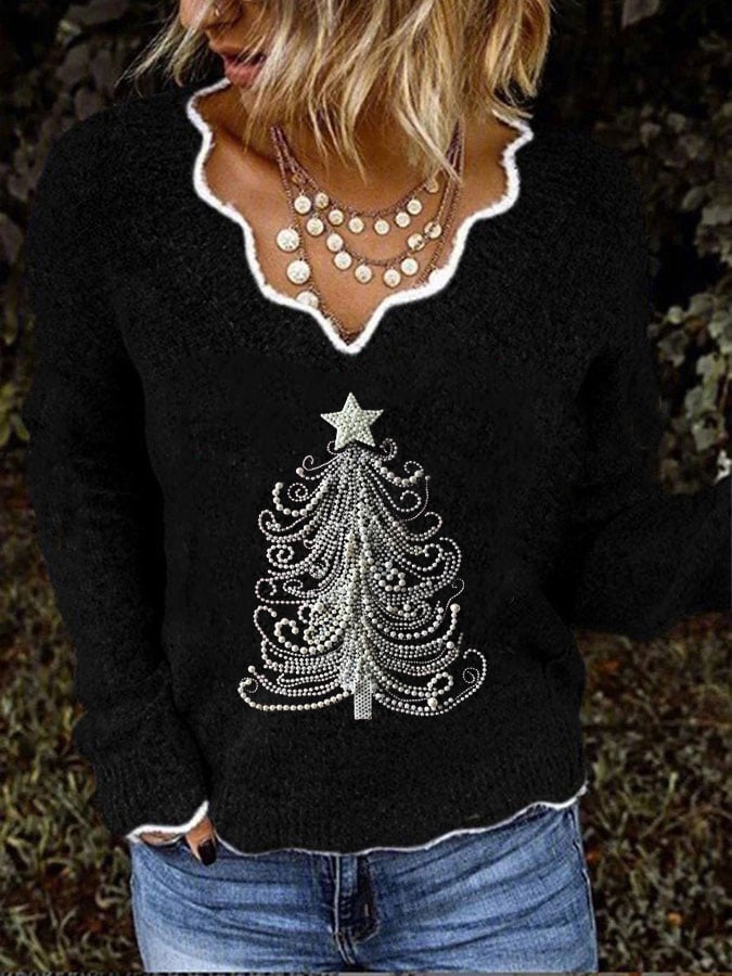 Women's Christmas Tree Print Cashmere V-Neck Top