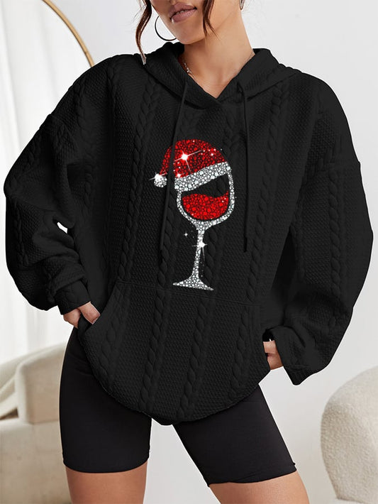 Women's Christmas Shiny Red Wine Glass Casual Cable Hoodie