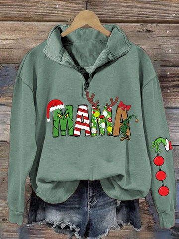 Women's MAMA Christmas Print Zip Casual Sweatshirt