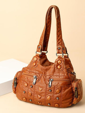 Heart Studded High Capacity Washed Leather Bag