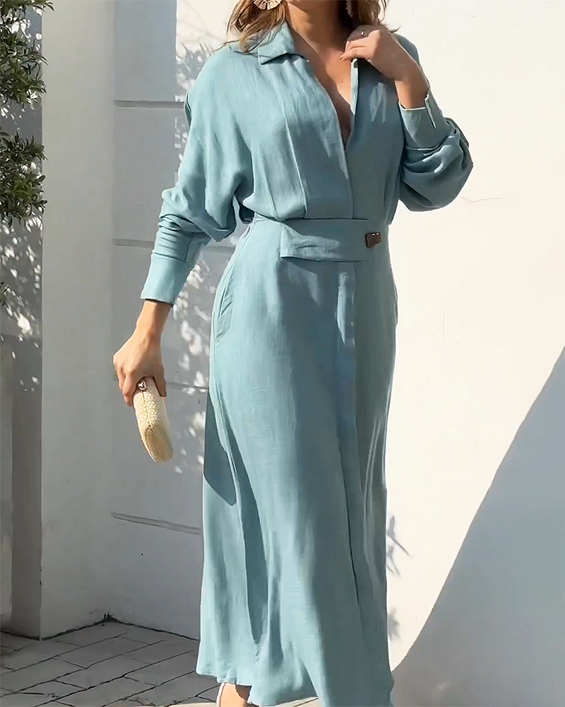 Lapel Long Sleeve Solid Color Dress