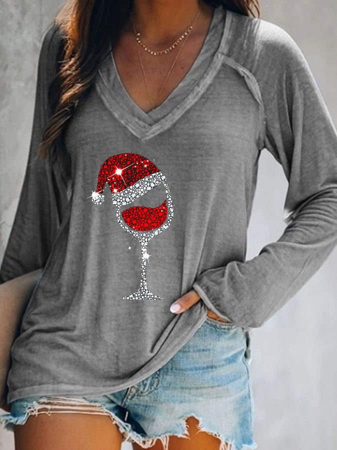 Women's Christmas Wine Glass Casual V-Neck Long-Sleeve T-Shirt