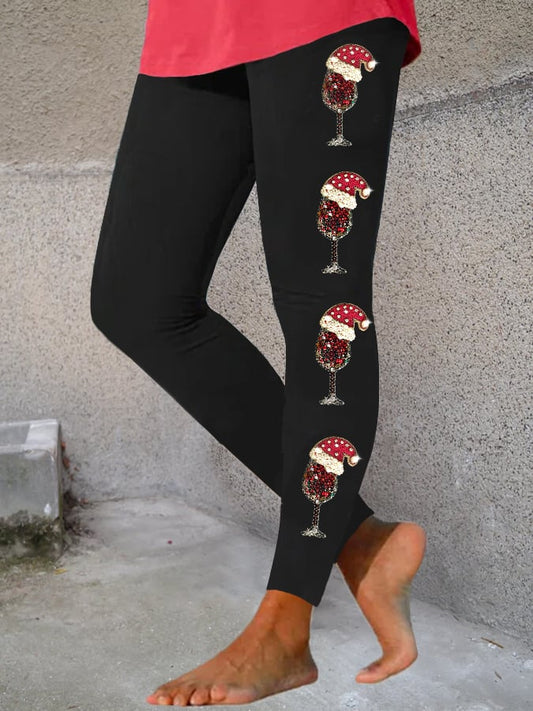 Women's Shiny Christmas Jewelry Red Wine Glass Print Leggings