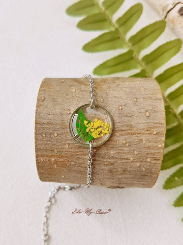 Yellow Queen Anne Lace Handmade Pressed Flower Forest Fern Resin Leaf Round Bracelet