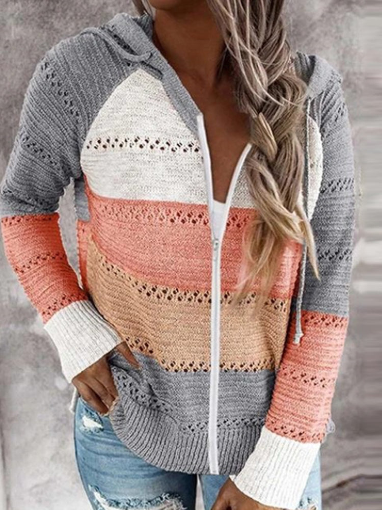 Casual Contrast Panel Striped Hooded Knit Cardigan