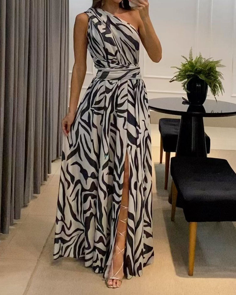 Fashion One Shoulder Sleeveless Print Dress