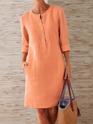 Ladies Cotton Linen Round Neck Long Sleeve Dress