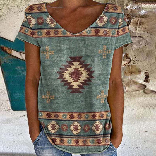 Wisherryy Western V Neck Print Short Sleeve T-Shirt